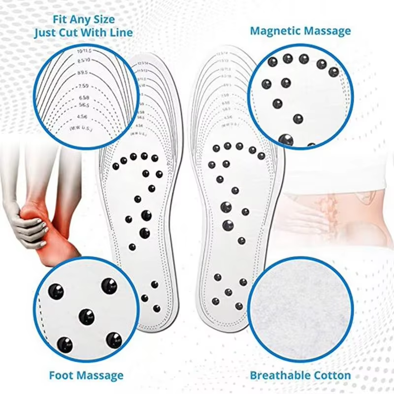 Orthopedic magnetic foot insoles that combine arch support with reflexology magnet therapy